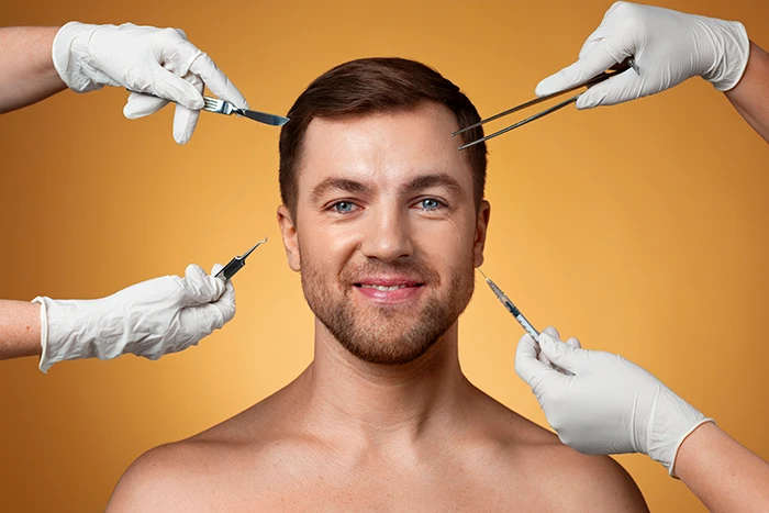 A male patient surrounded by tools for a male facelift